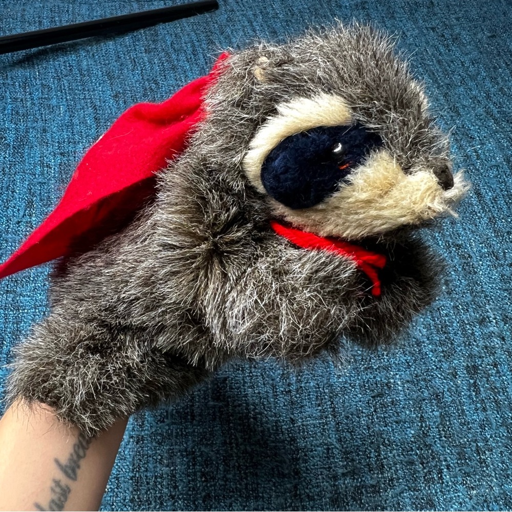 Vintage Folkmanis Furry Folk Puppets Raccoon with Cape Made in USA 13" Long
